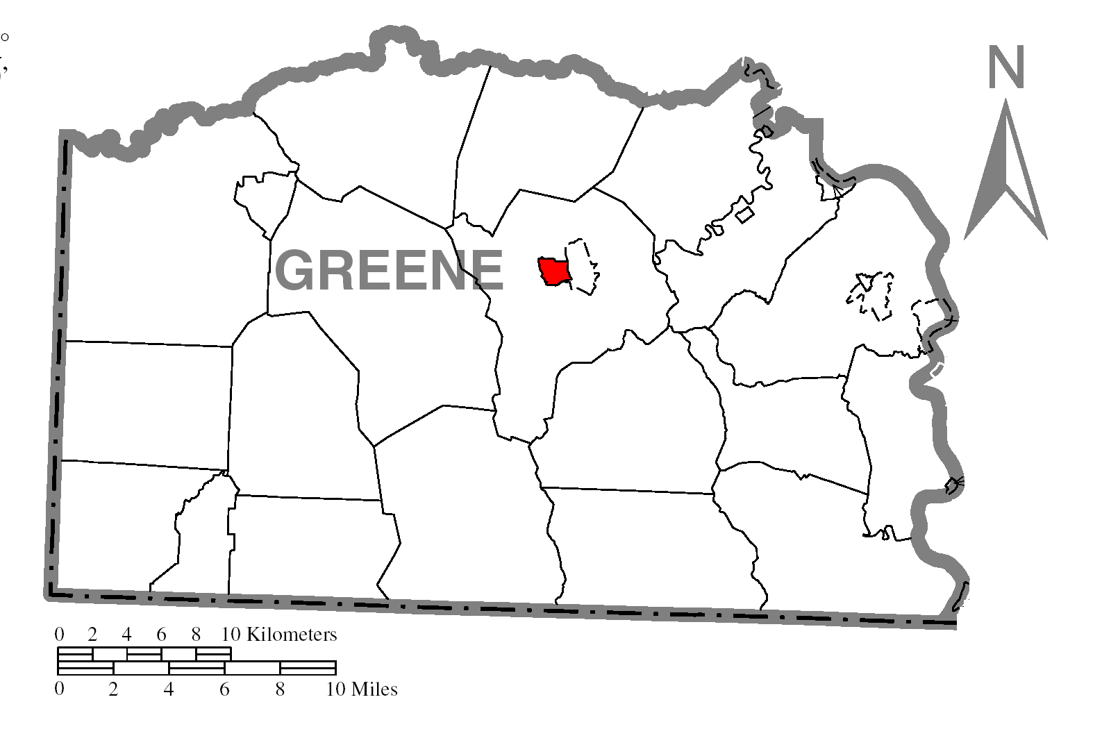 Map of Greene County higlighting Waynesburg.