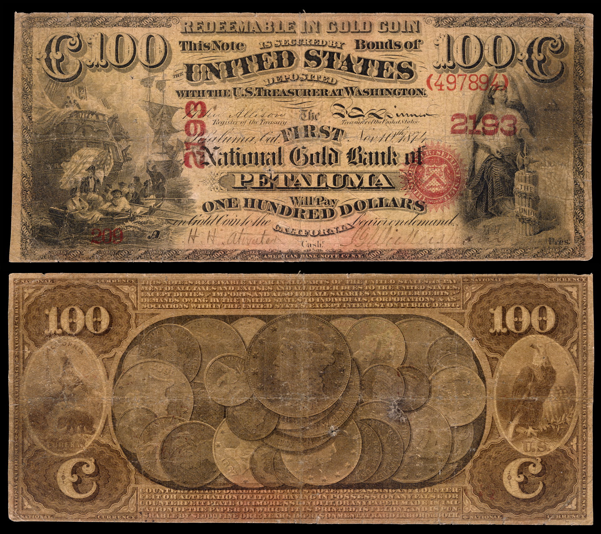 A $100 National Gold Bank Note issued by the First National Gol…