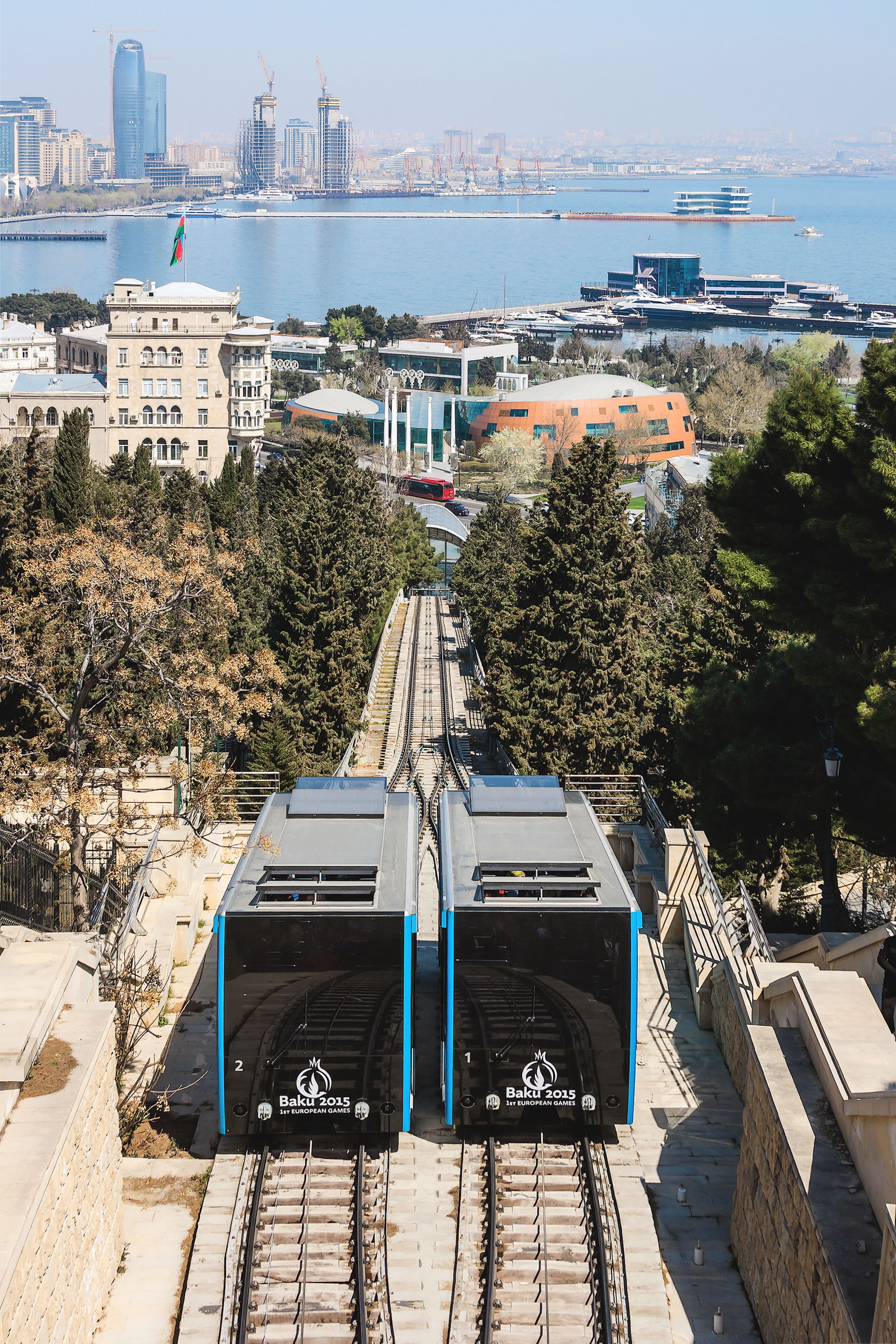 Wagons of the funicular on the road. Baku, Azerbaijan