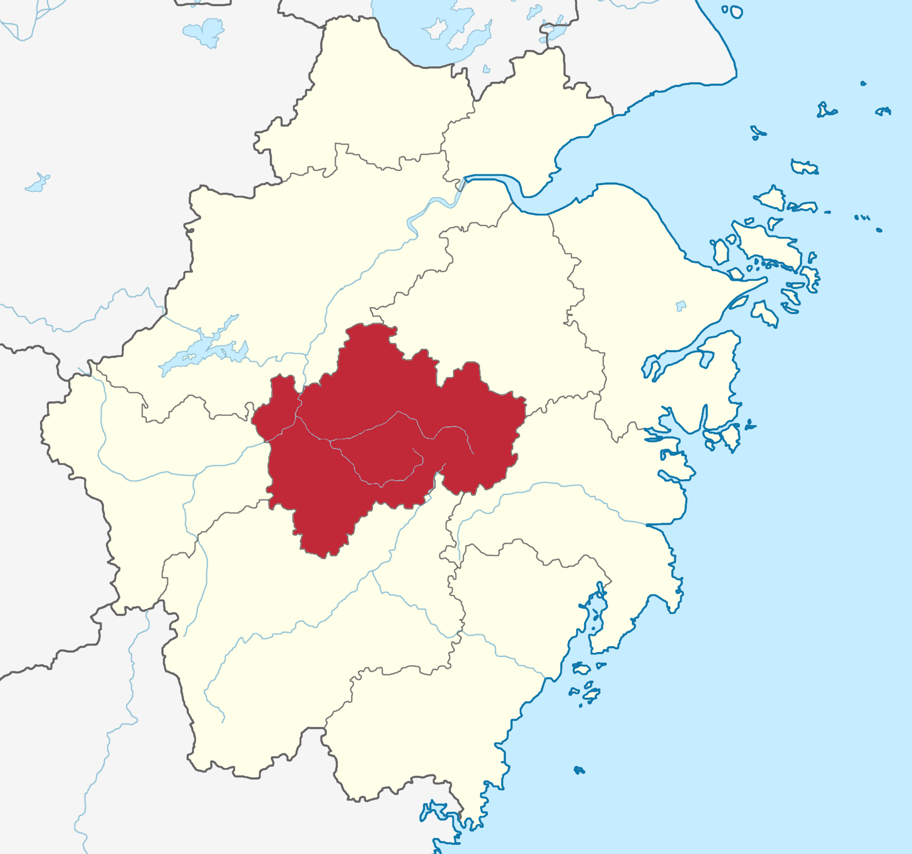 Map of Zhejiang showing Jinhua in red highlighted.