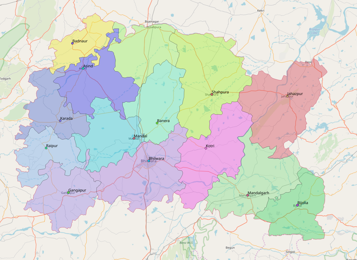 Bhilwara district with subdistricts, OSM data; QGIS