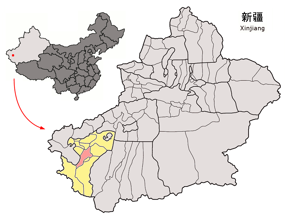 Location of Yarkand County (pink) and Kashgar Prefecture (yello…