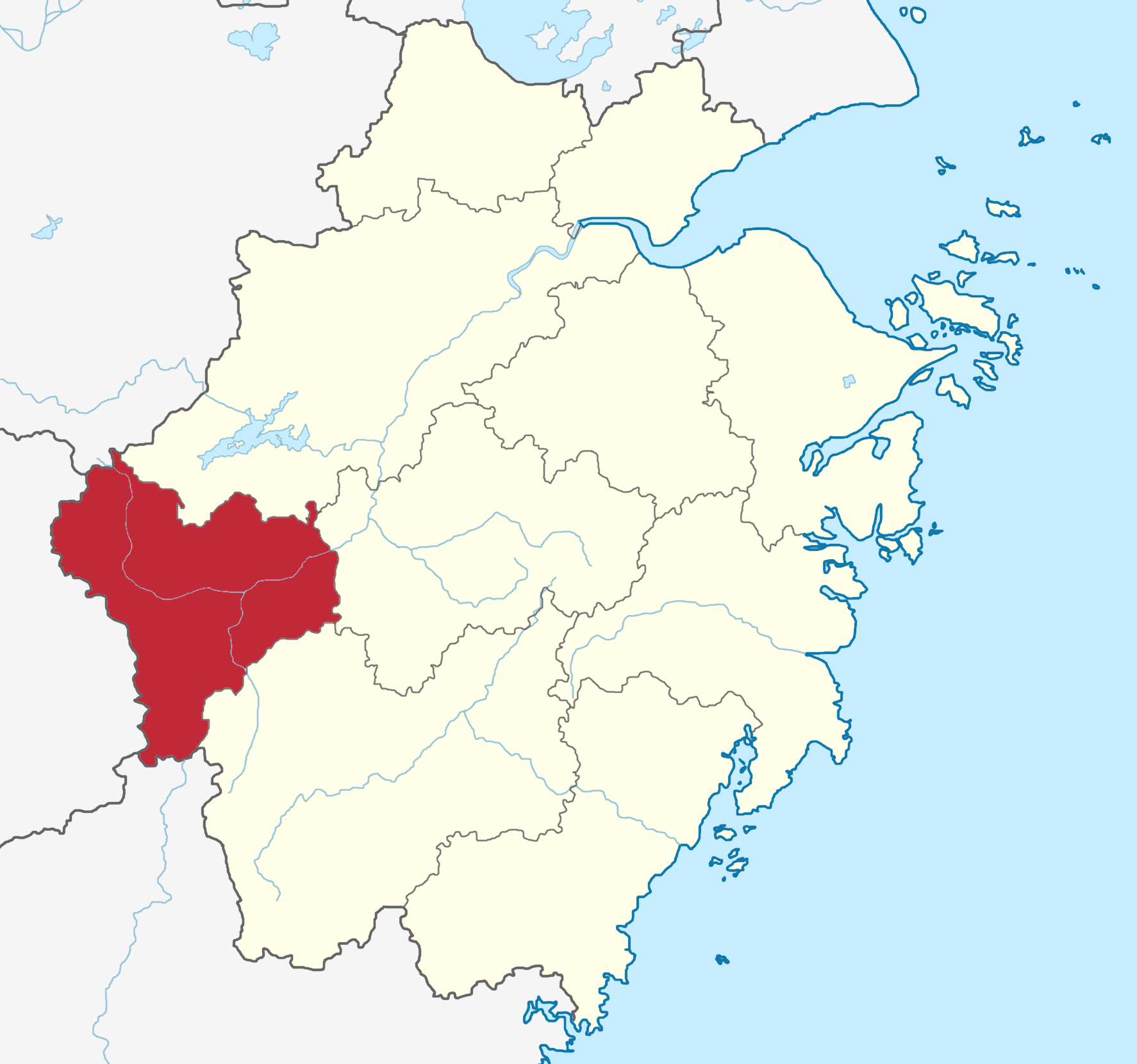 Map of Zhejiang showing Quzhou in red highlighted.