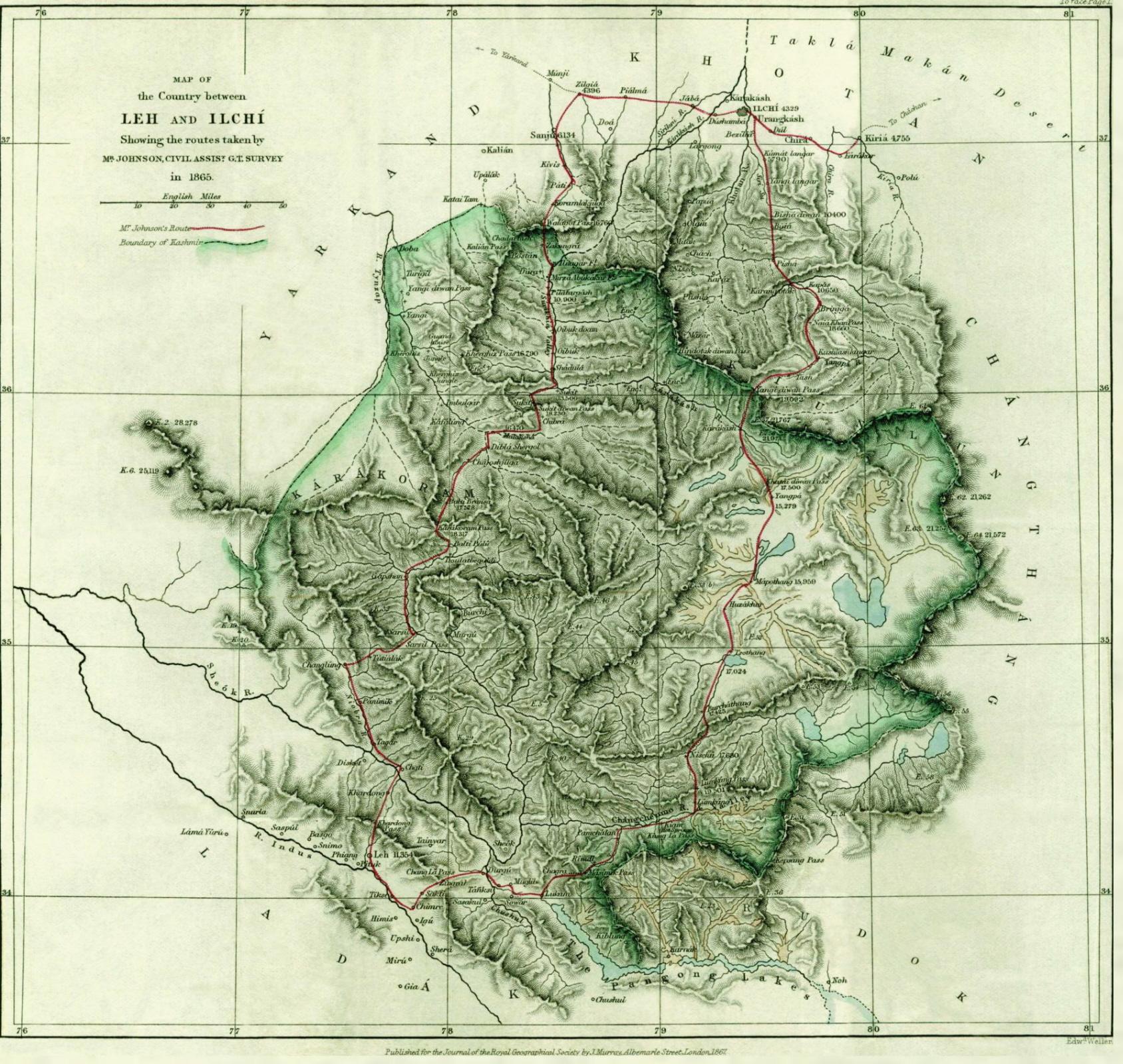 W. H. Johnson's map of northeast Ladakh and route to Khotan