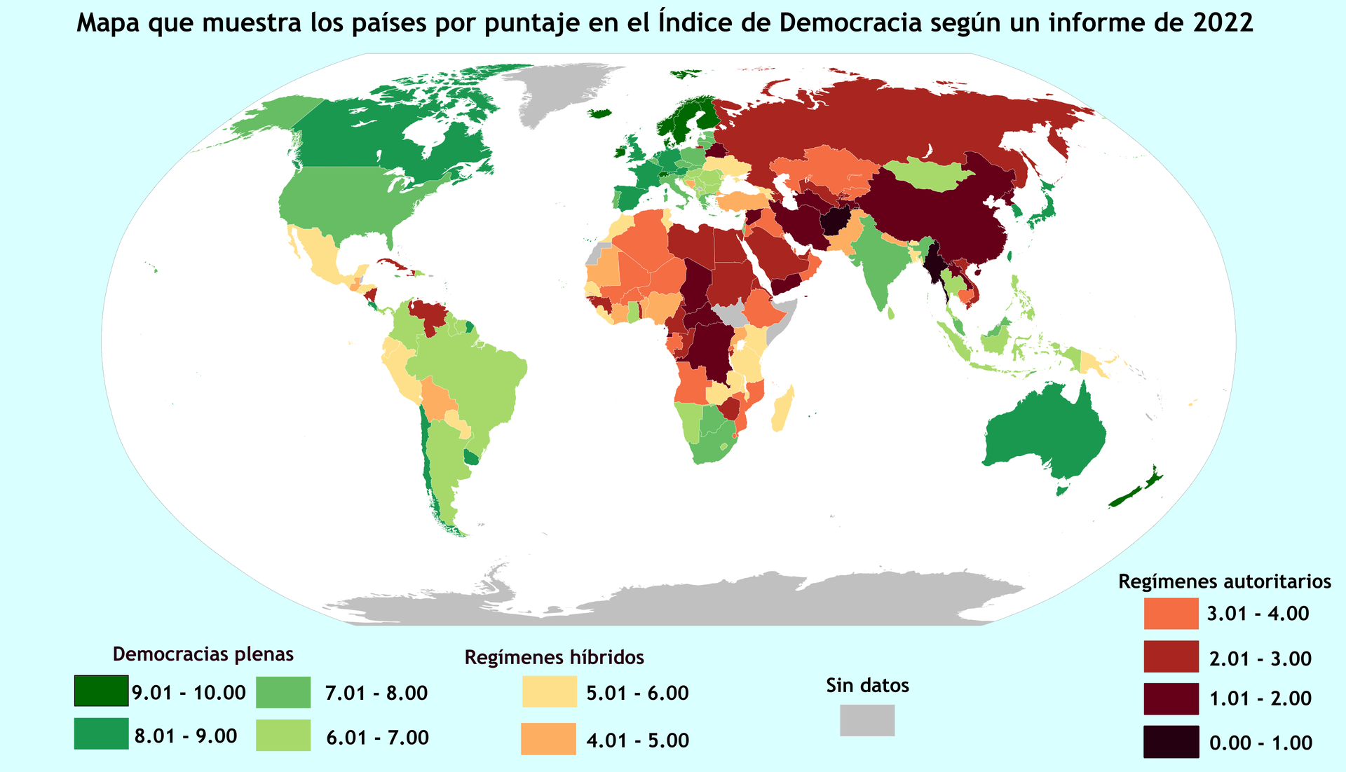 Mapa que muestra los países/territorios por Democracia según el…