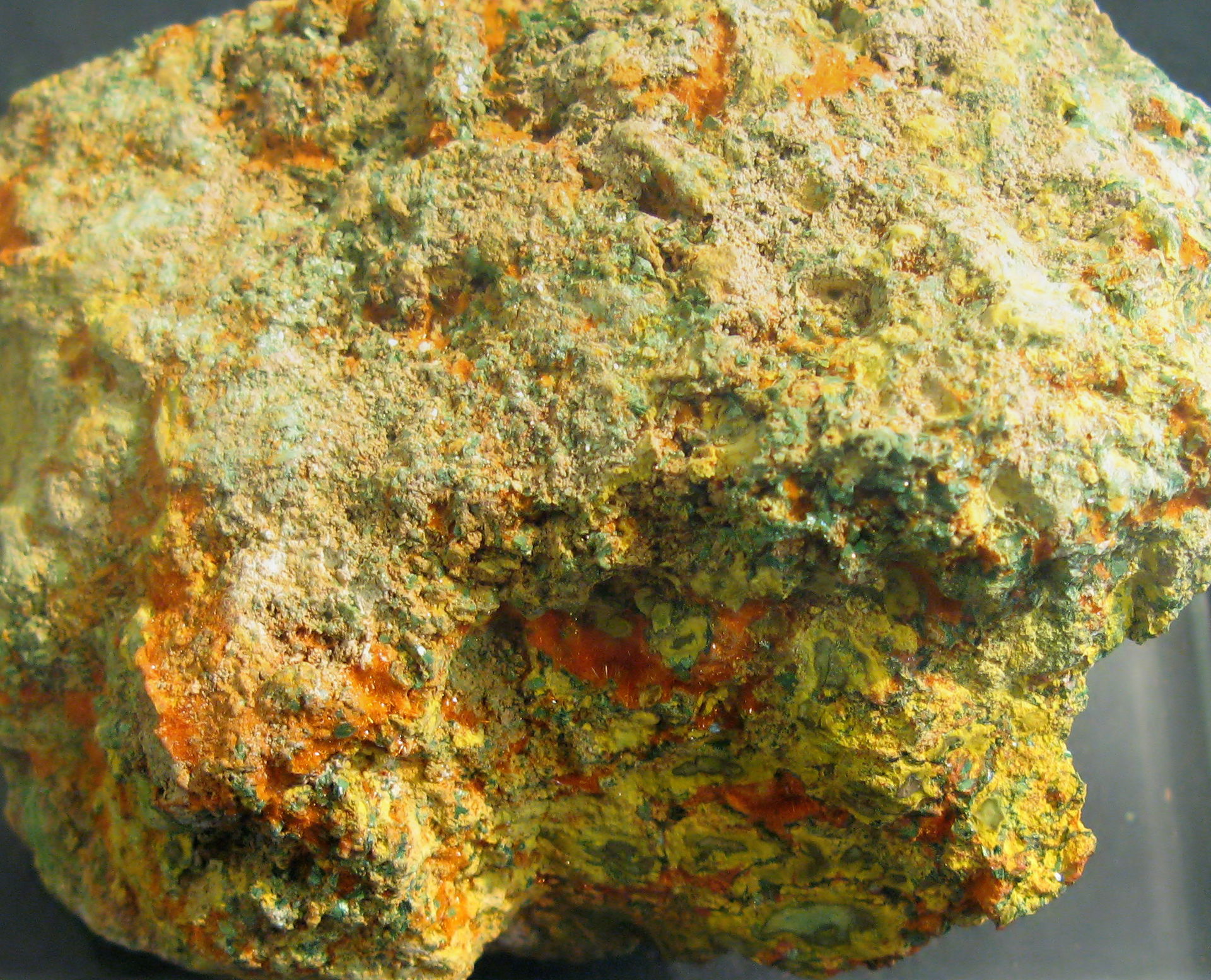 Dewindtite (yellow), Curite (orange-red), Torbernite (green) - …