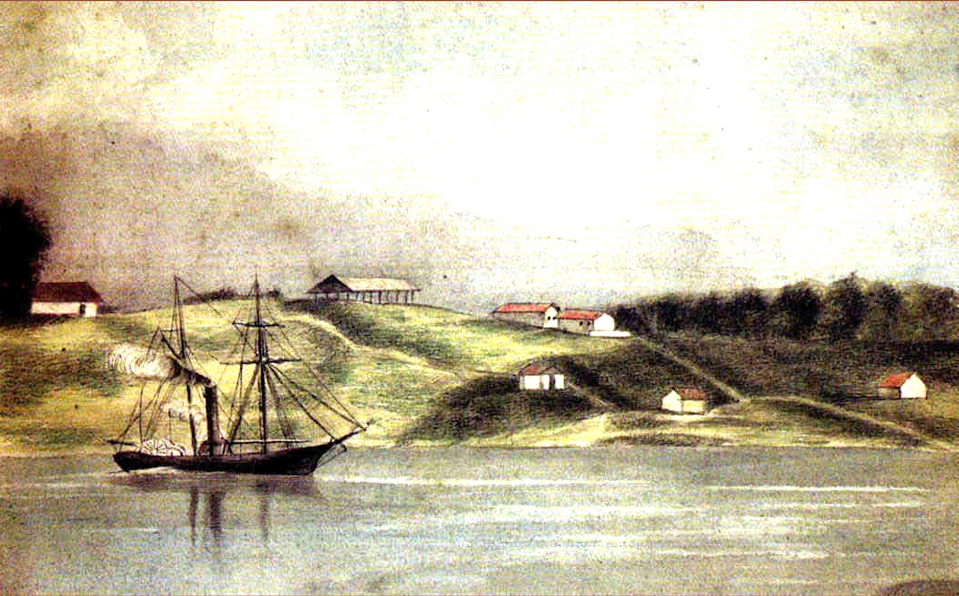 A watercolour painting version  of a monochrome engraving origi…