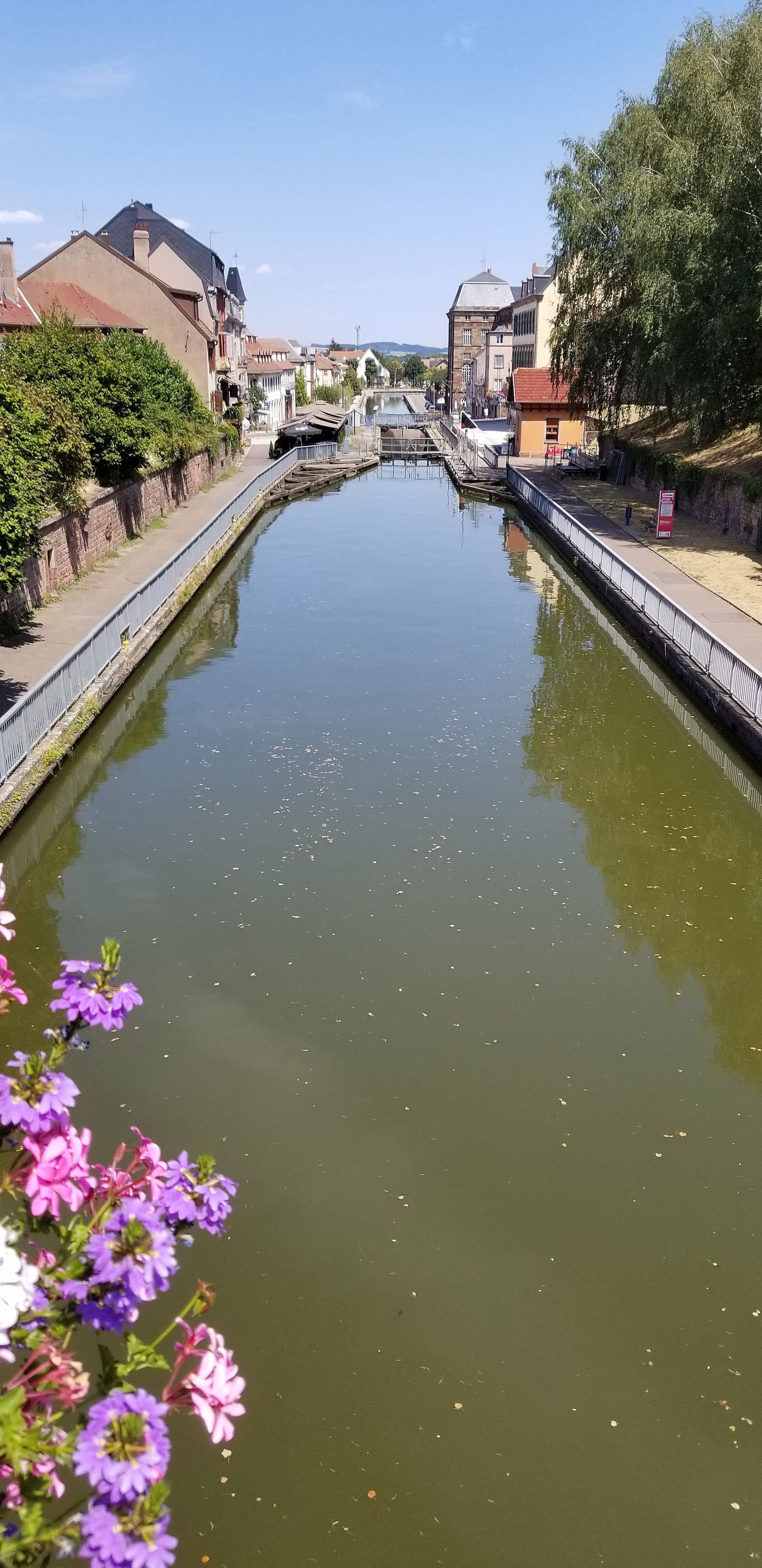 Marne-Rhine Canal in Saverne, above lock, looking northeast; in…
