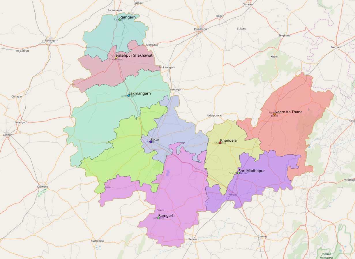 Sikar district with subdistricts, OSM data; QGIS