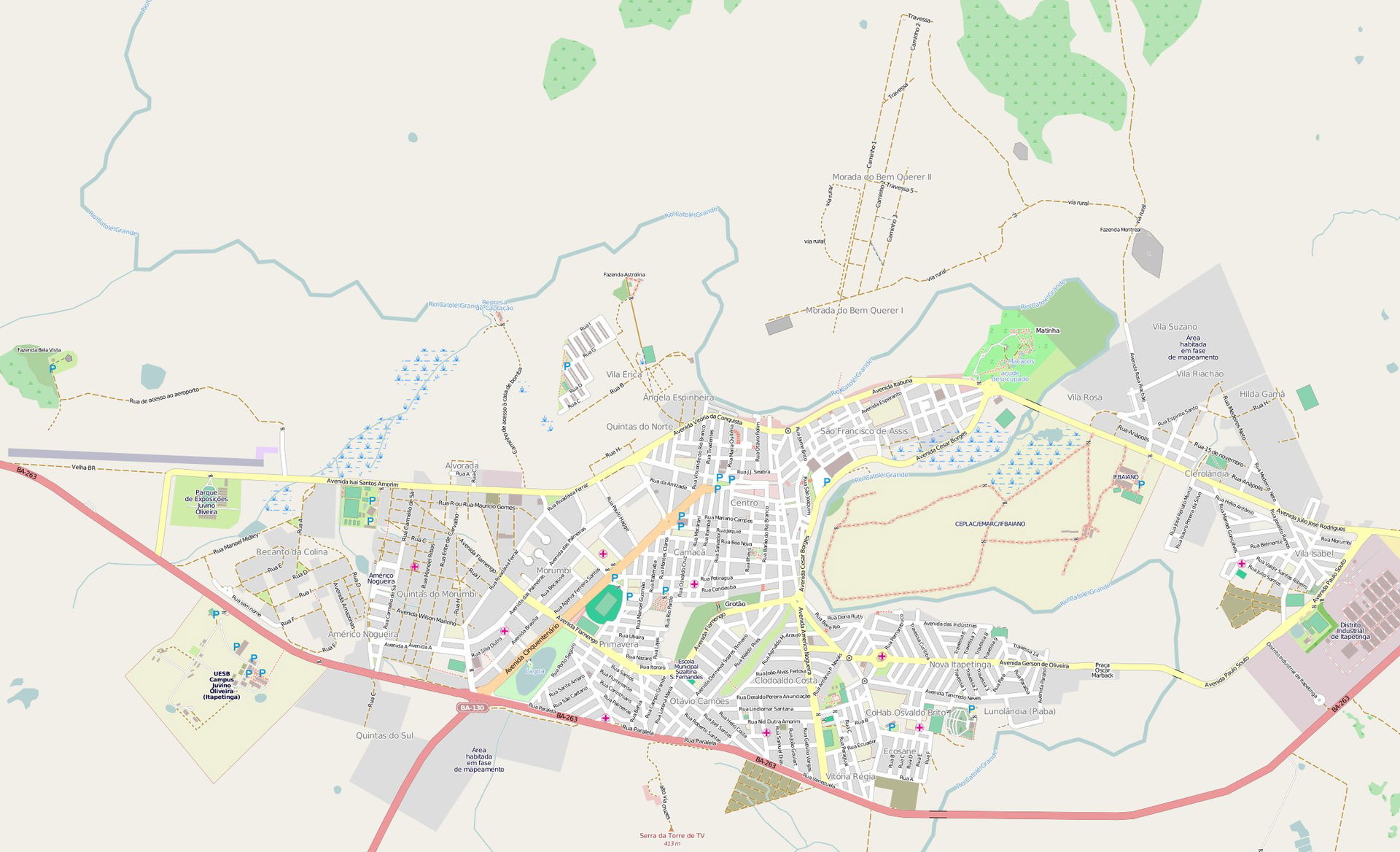Map of Itapetinga, Bahia, Brazil, from OpenStreetMap
