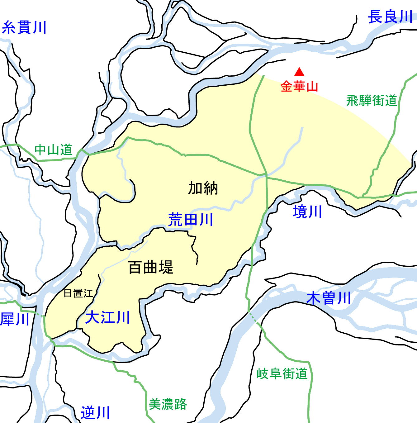 加納輪中と周囲の状況。黒線は主要な堤防、黒字は内郭輪中の名称、水色線・青字は主要な河川。安藤萬寿男『輪中に関する二,三の考察(…