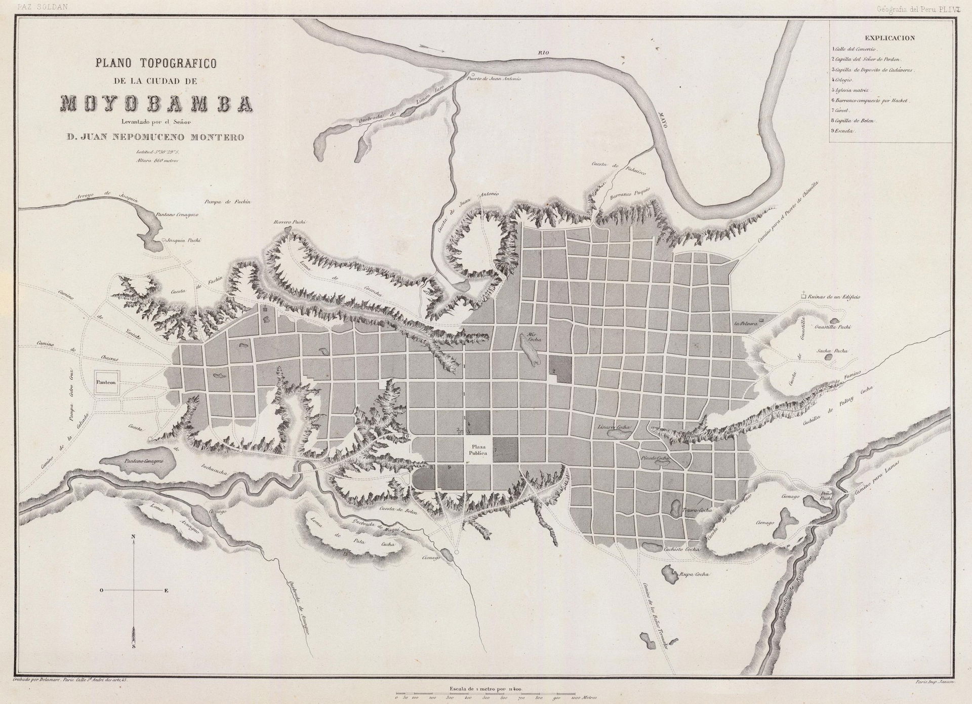 Old map of Moyobamba Peru from 1865