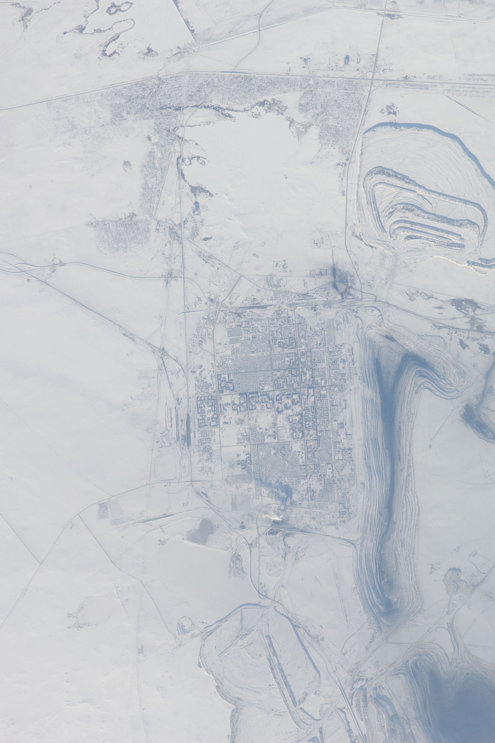 Vue satellite d'Ekibastuz au Kazakhstan en hiver.