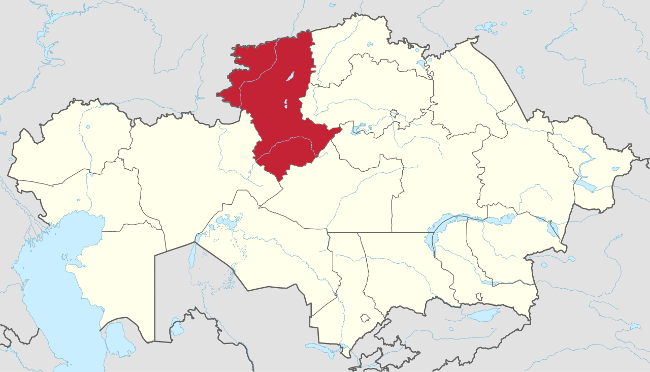 Map of Kazakhstan, Kostanay Region highlighted in red