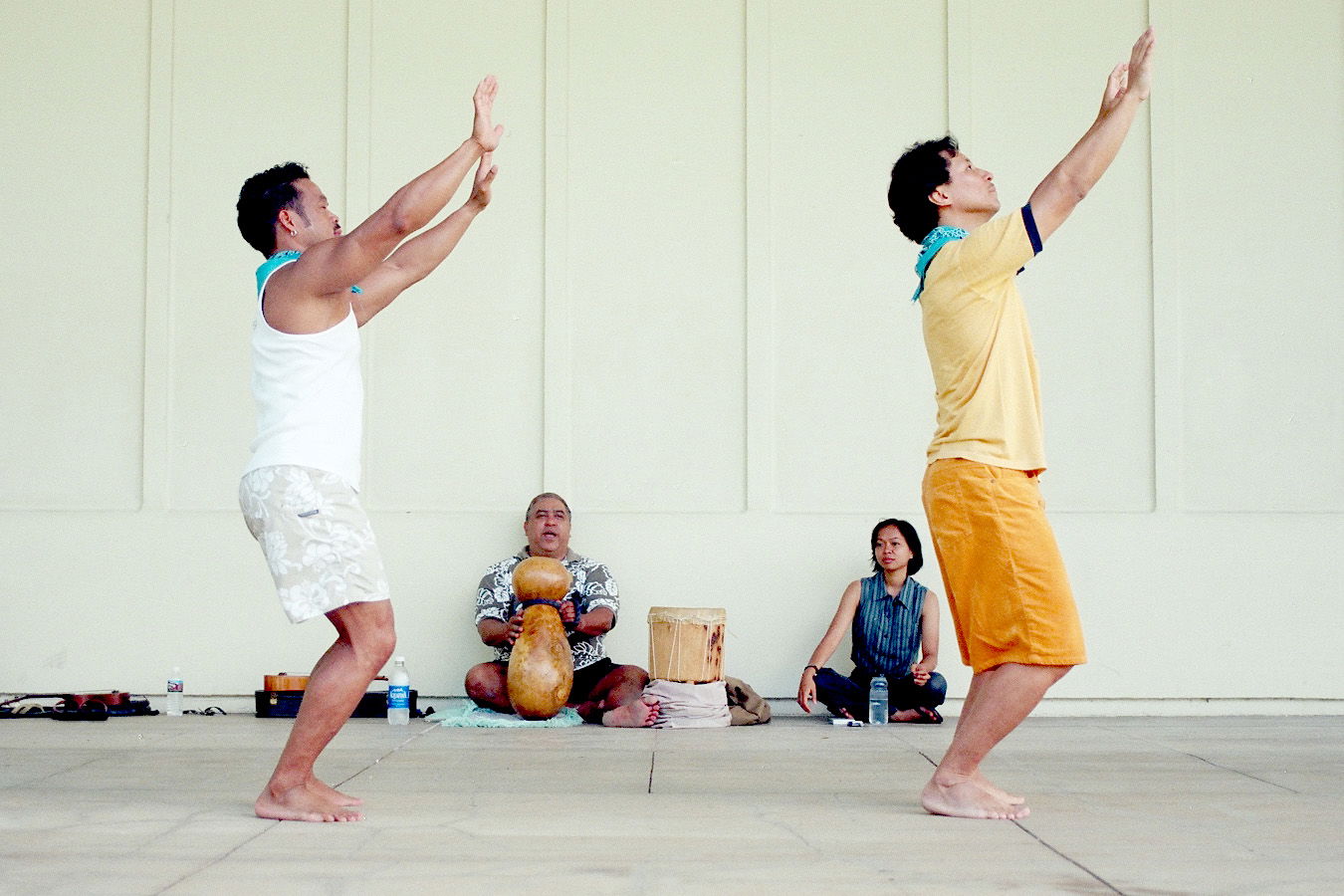 Kumu Kula Abiva practices Hula, he's playing Ipu Heke while his…
