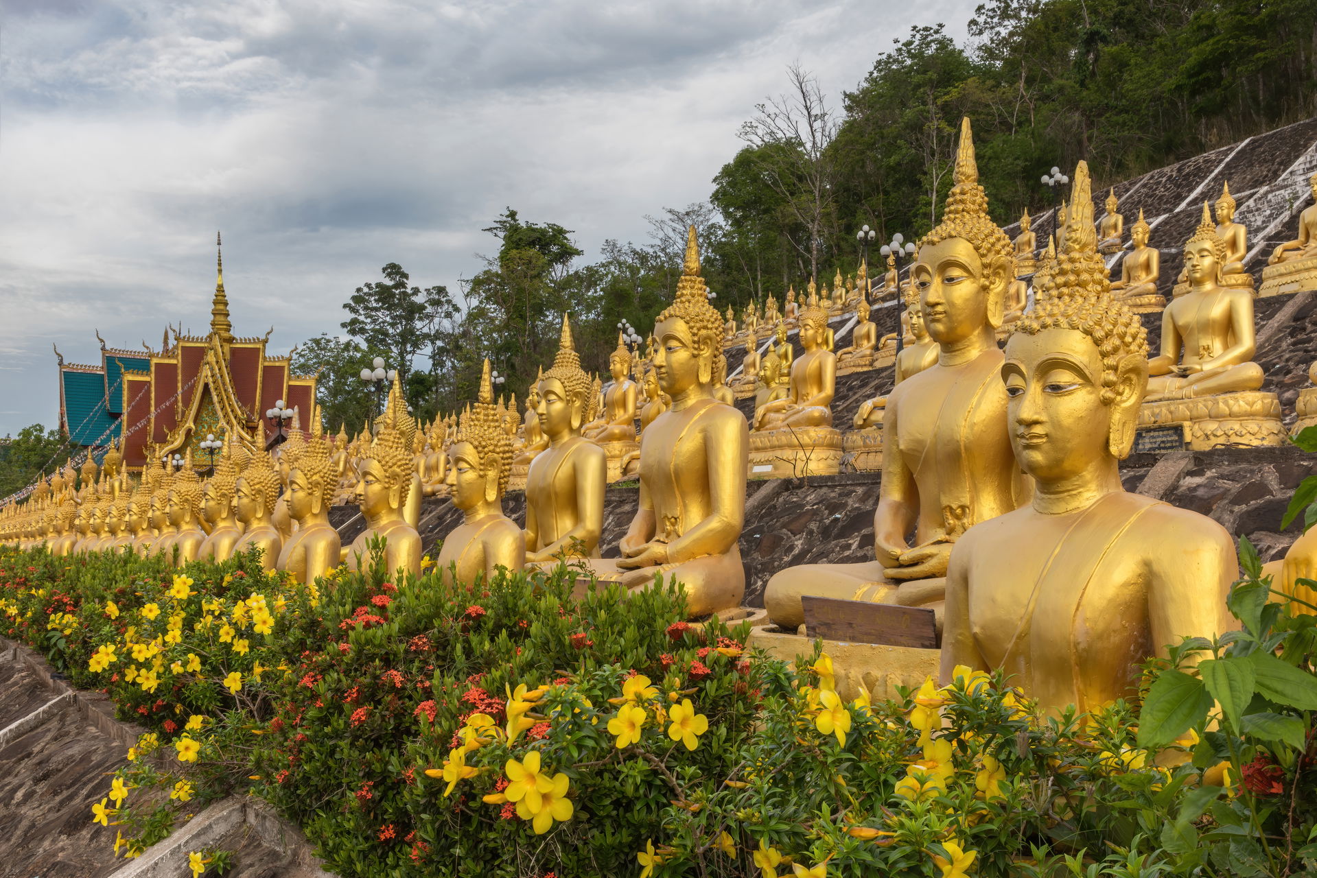 Multiple rows of golden statues of the Buddha seated, with yell…