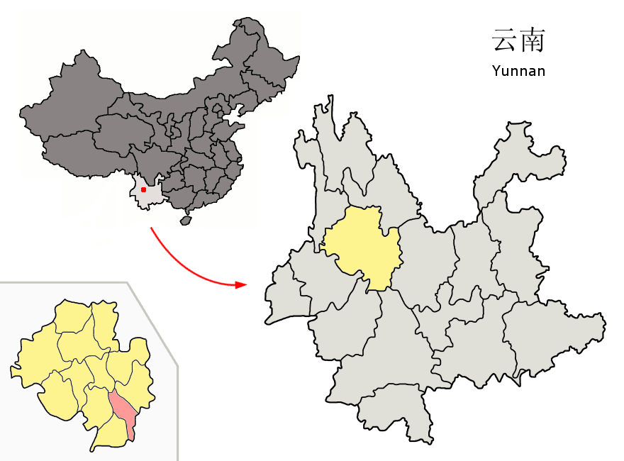 Location of Midu County (pink) and Dali Prefecture (yellow) wit…