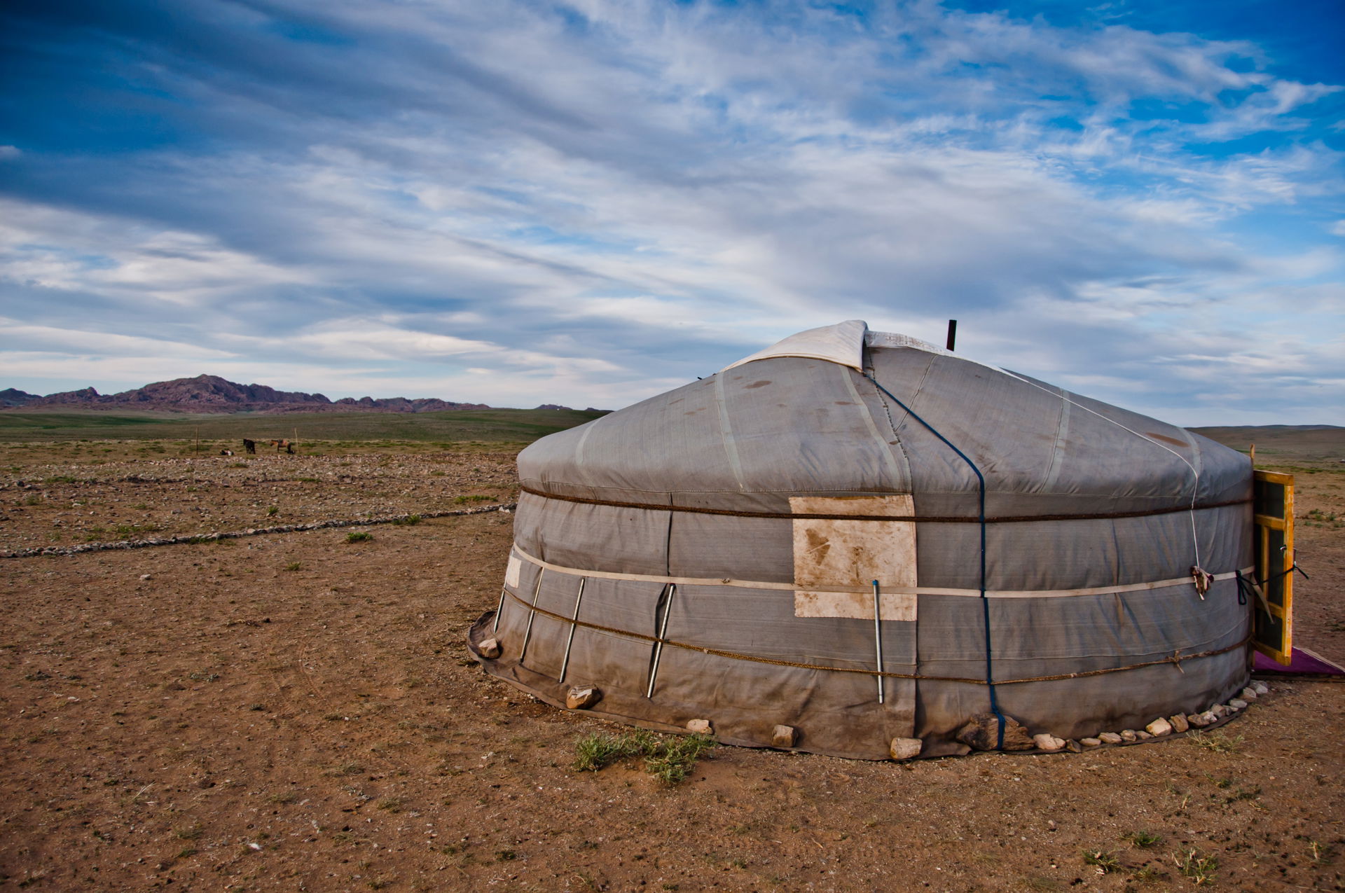 A ger, sometimes called a yurt, sits on the Steppes near Mandal…