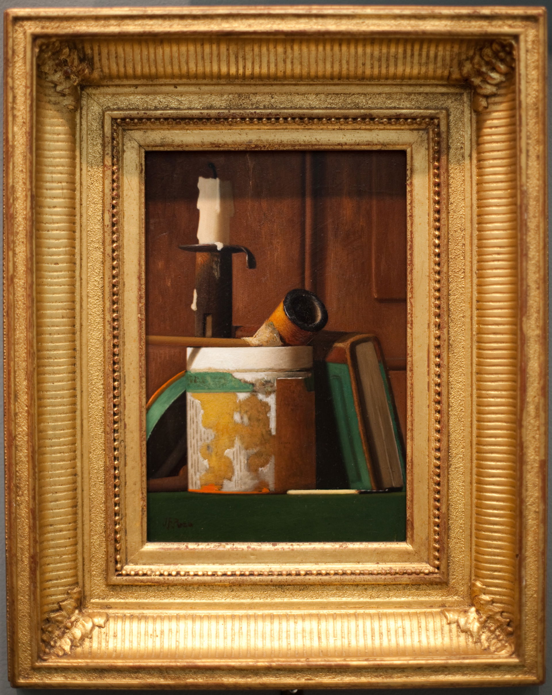 Candlestick, Pipe, and Tobacco Box by John F. Peto, c. 1890, oi…