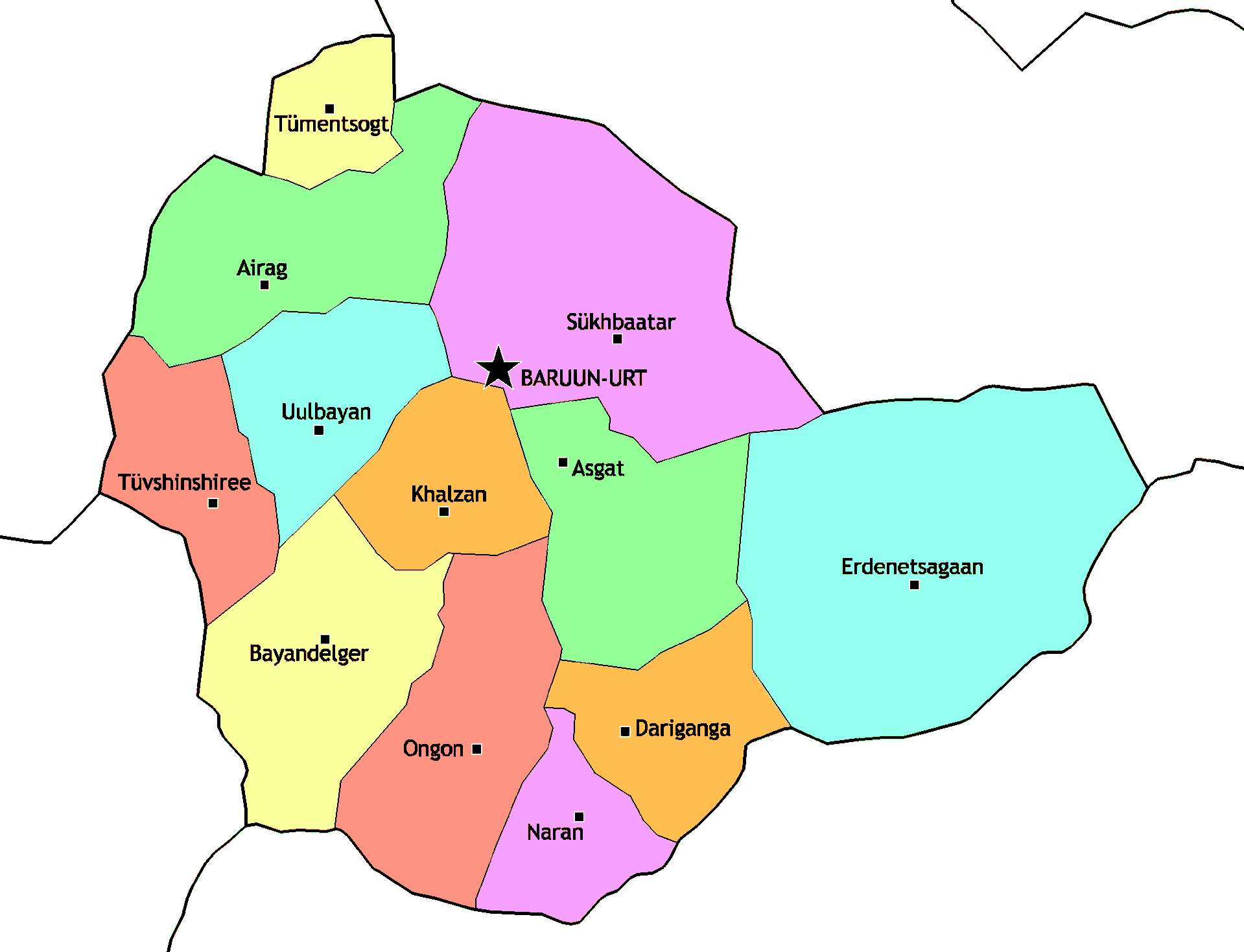 Map of the Sukhbaatar aimag with the sums