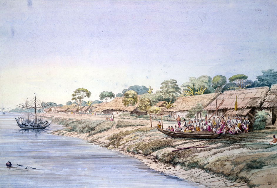 Watercolour with pen and ink of a view of Henzadah (now Hinthad…