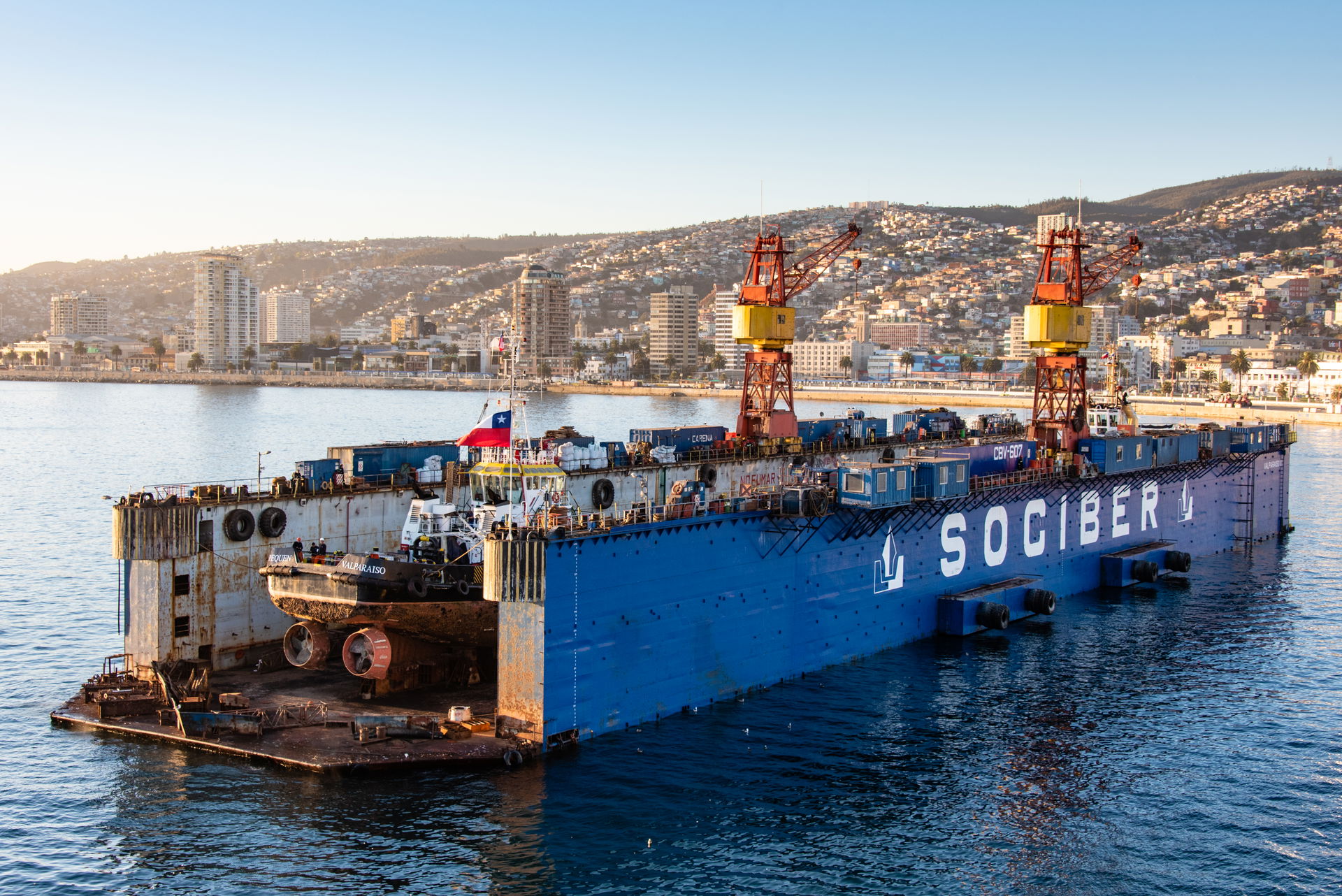 SOCIBER floating drydock, VALPARAISO III with tugboat, PEQUEN -…