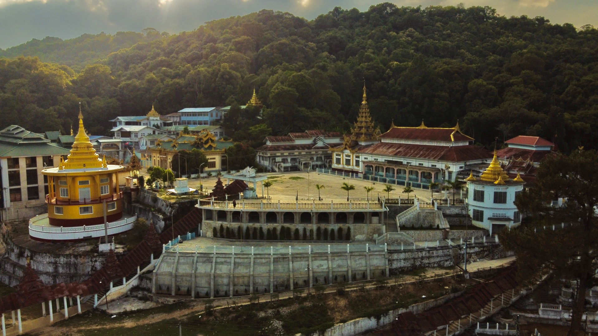 Drone shot of phaung daw oo pagoda at sunset