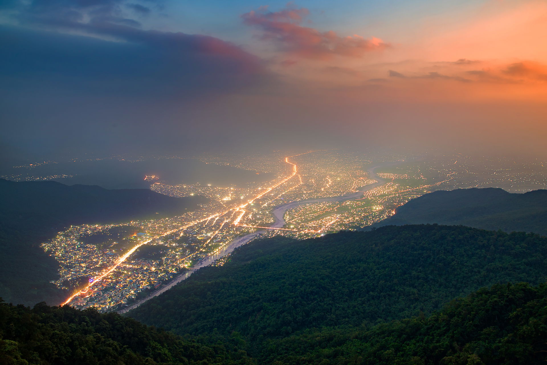 Evening view of Butwal city with Tinau River as seen from Nuwak…