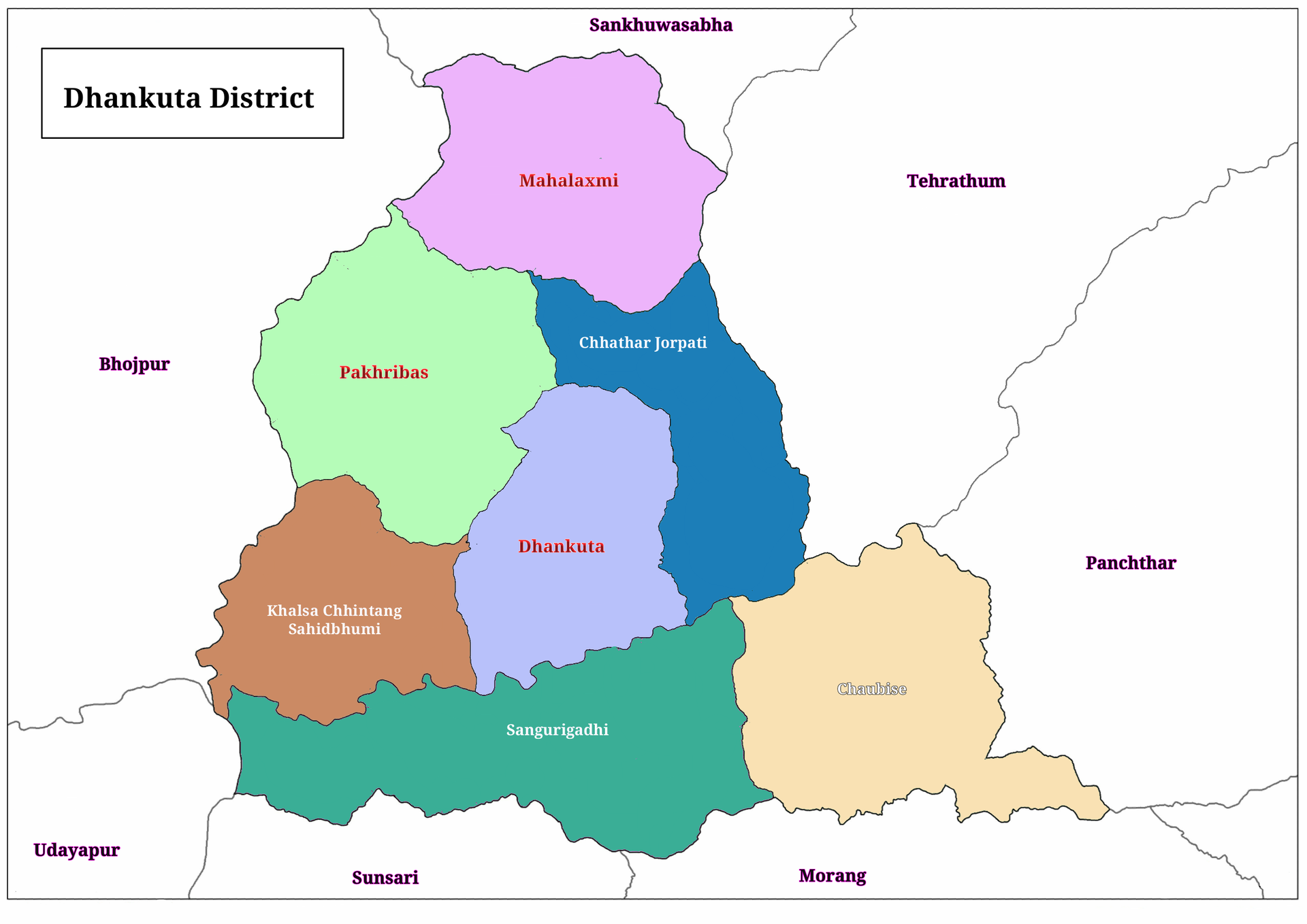 Map of Dhankuta with urban and rural municipalities
