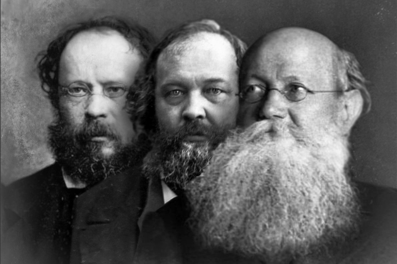 Montage of the three anarchists Proudhon, Bakunin and Kropotkin.