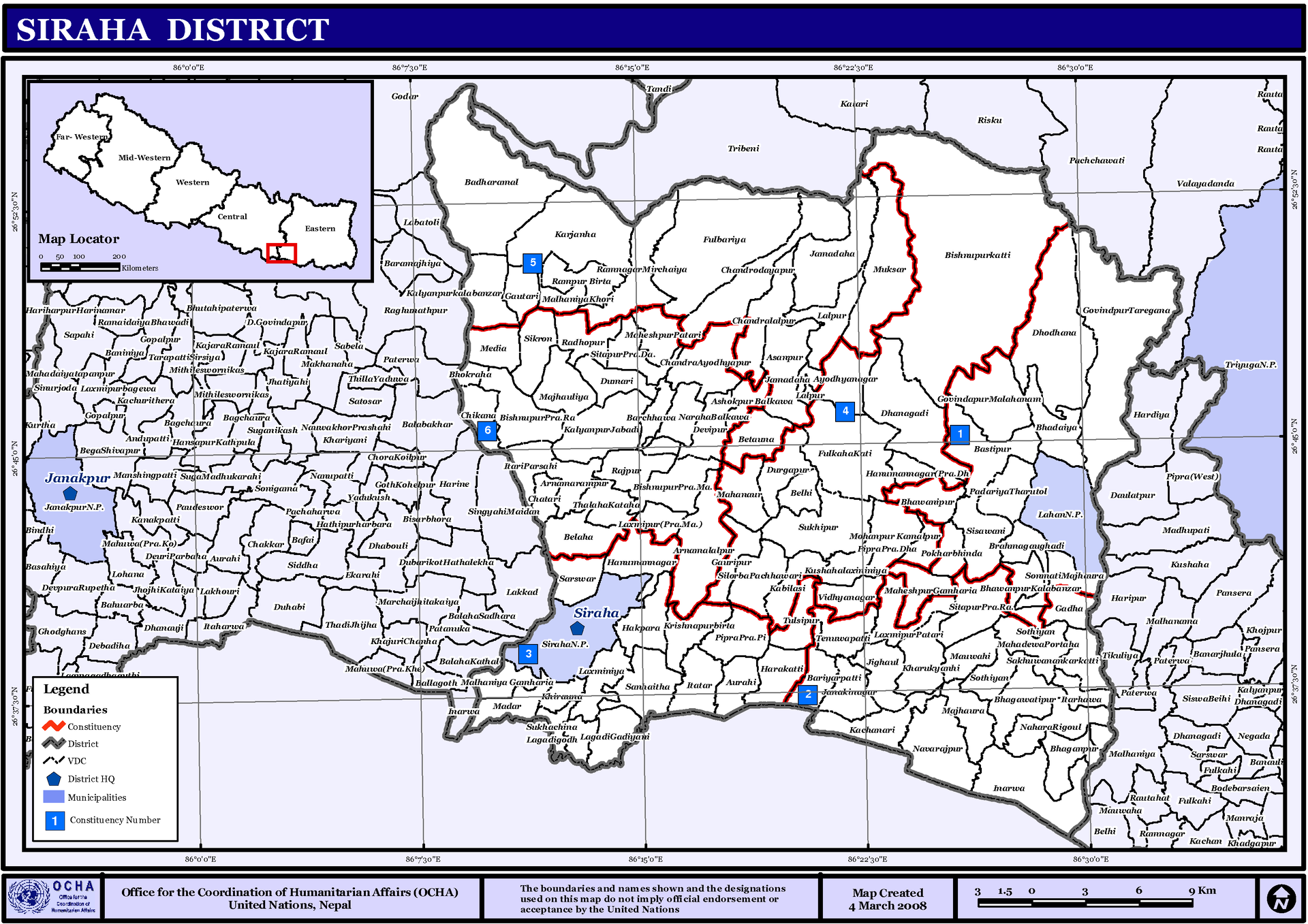 Map displaying Village Development Committees in Siraha Distric…