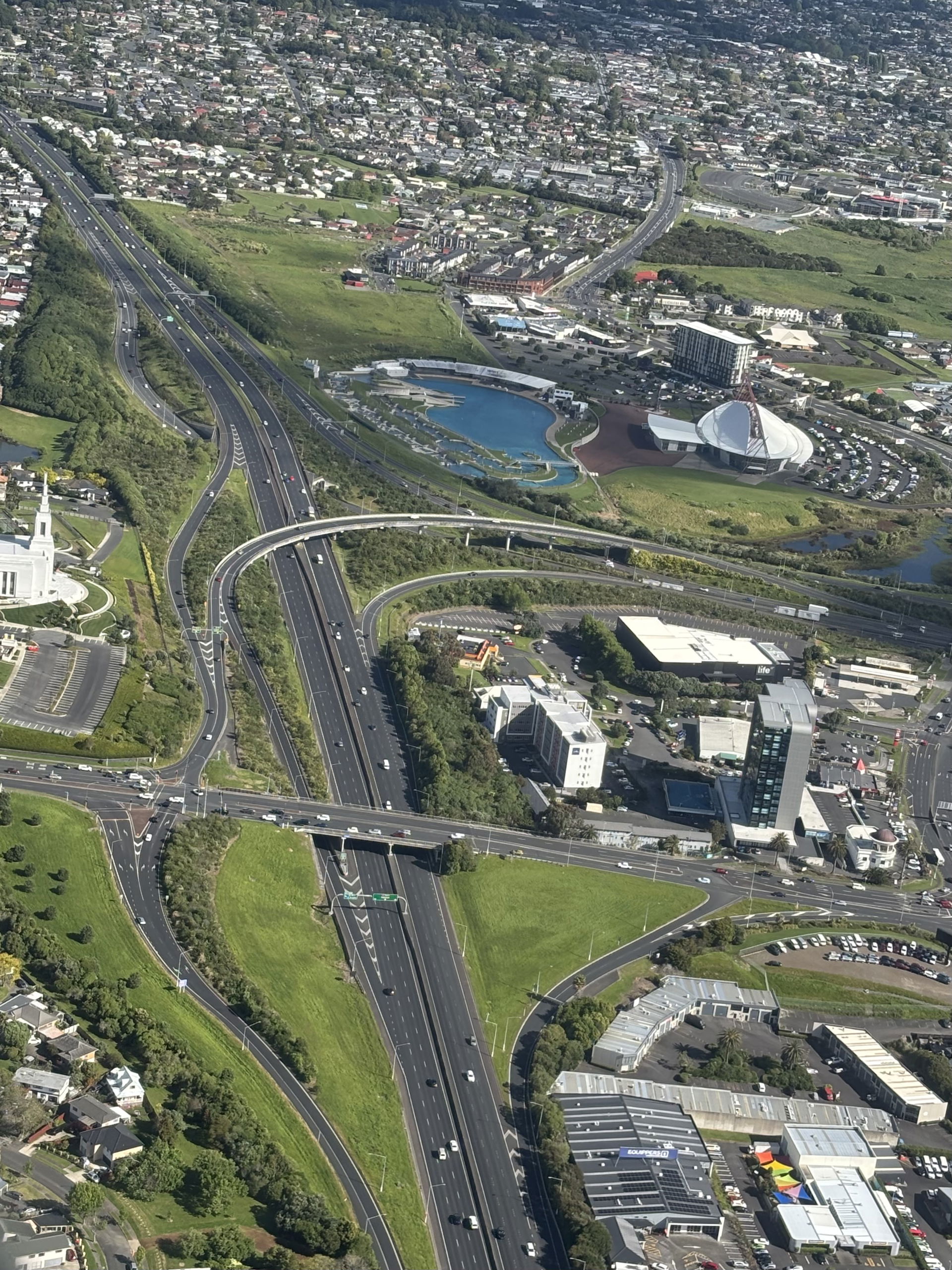 Aerial view of Manukau motorway interchange, Auckland, from fli…