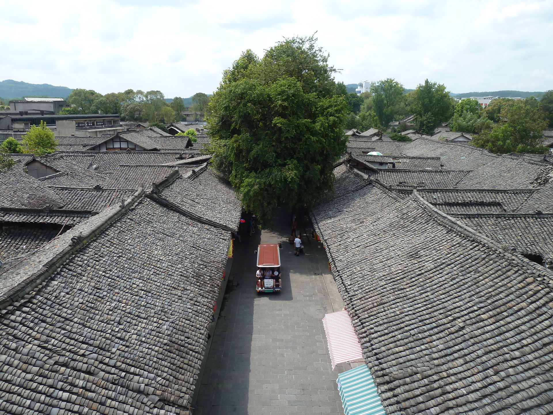 View of streets and rooftops from Zhongtian Tower in Langzhong,…