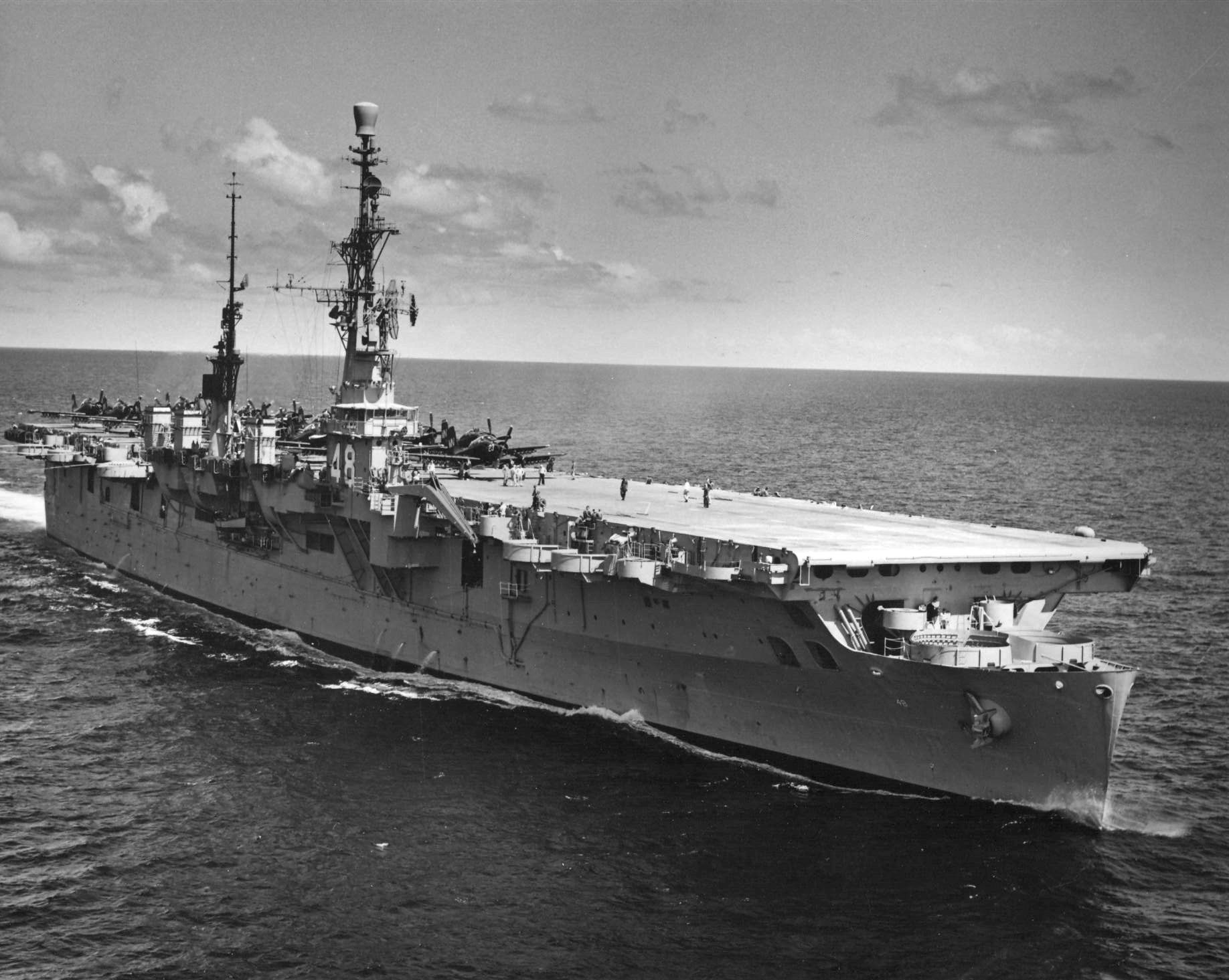 The U.S. Navy light aircraft carrier USS Saipan (CVL-48) underw…