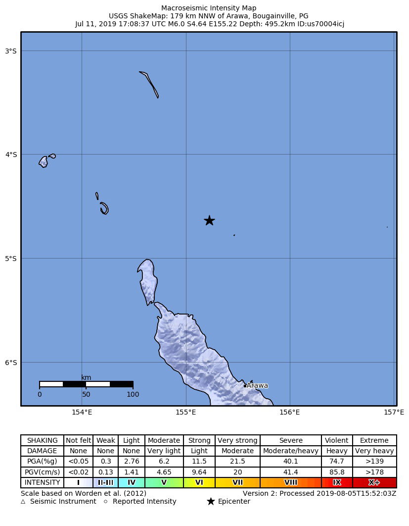 Shakemap from USGS for the magnitude 6.0, maximum intensity 1.8…