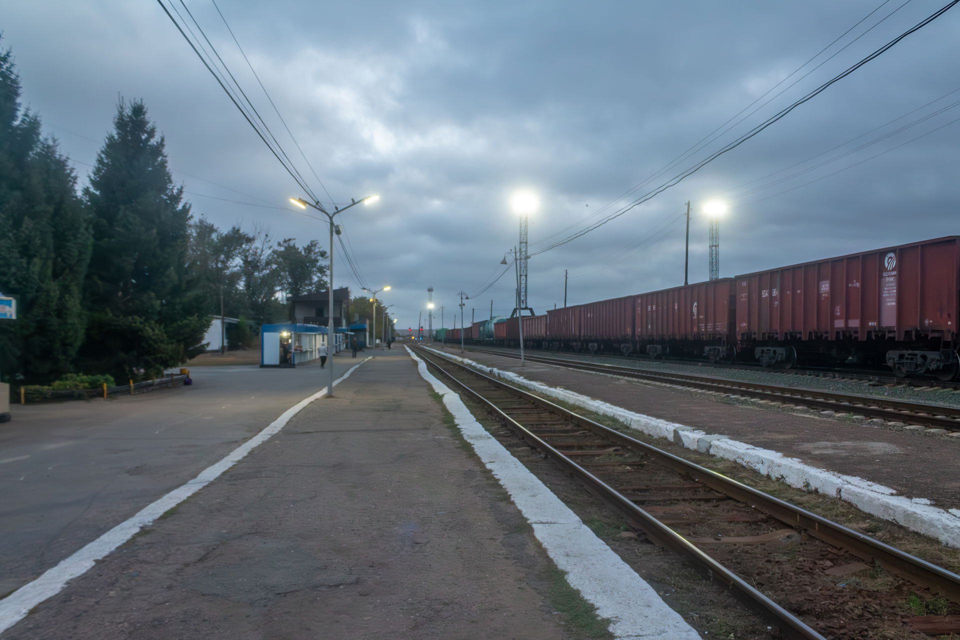 Ayagoz railway station platform photographed at the sunrise. Ay…