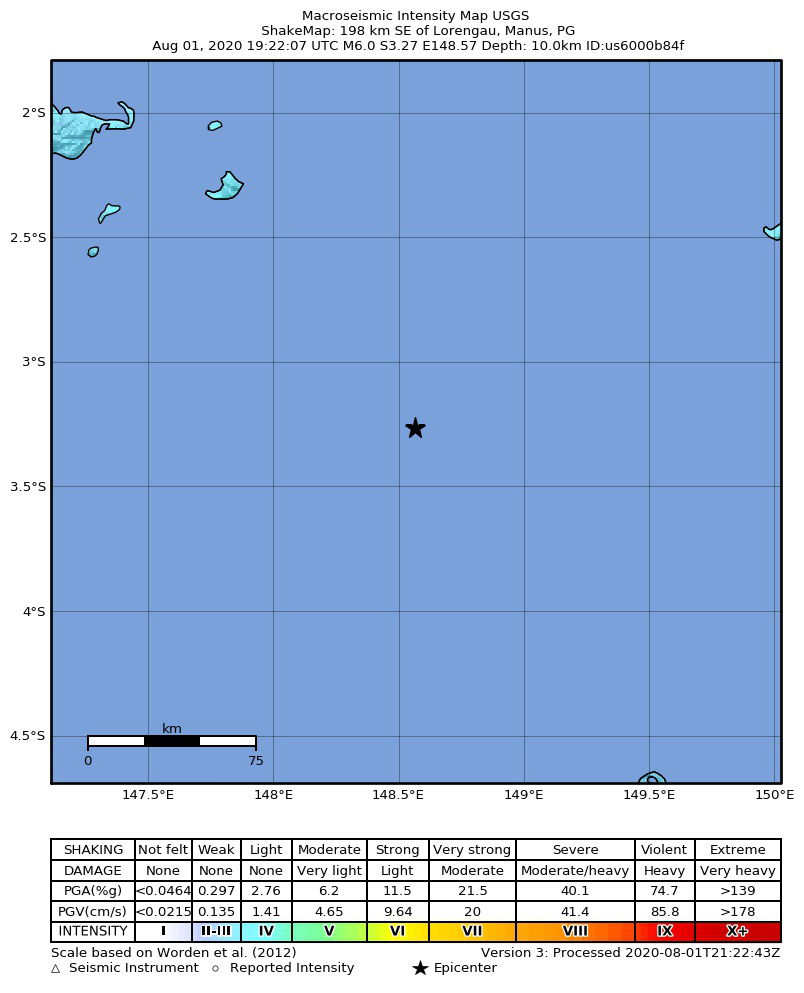 Shakemap from USGS for the magnitude 6.0, maximum intensity 3.8…