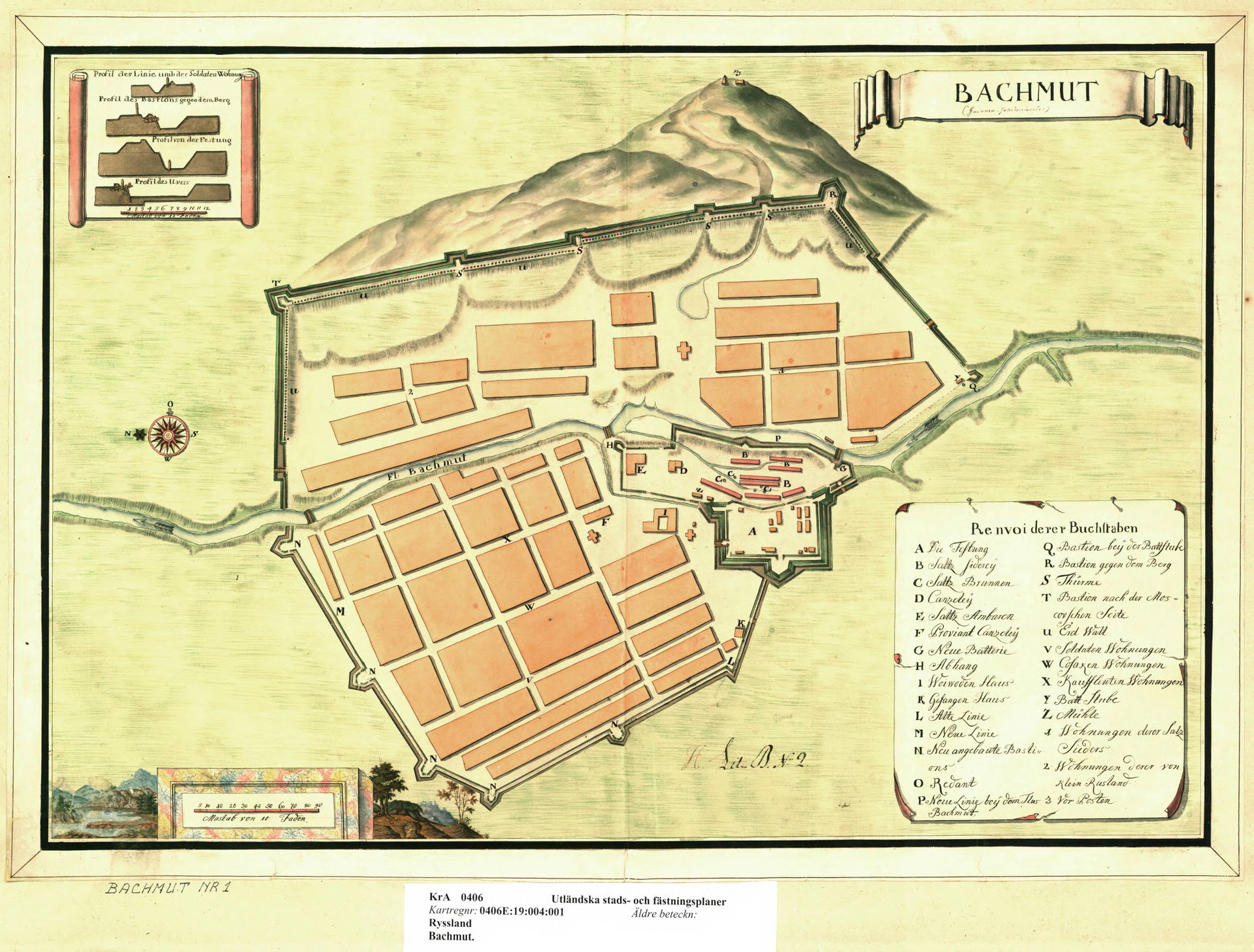Historical map of Bakhmut in Ukraine, possibly 17th centrury. T…