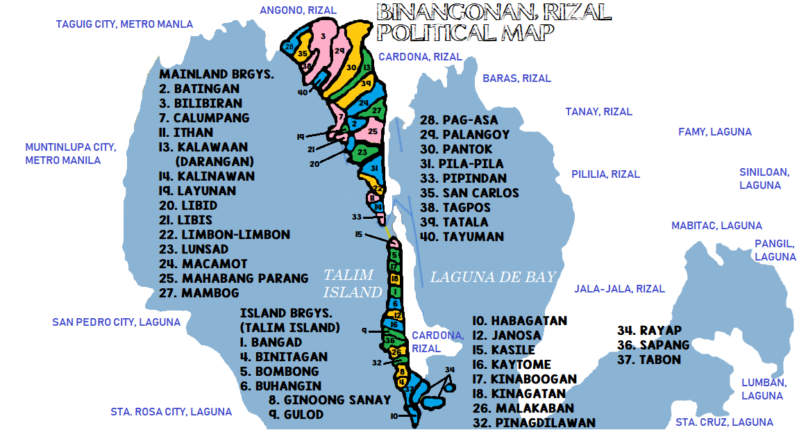 It shows the barangays in Binangonan, Rizal and the adjacent ci…
