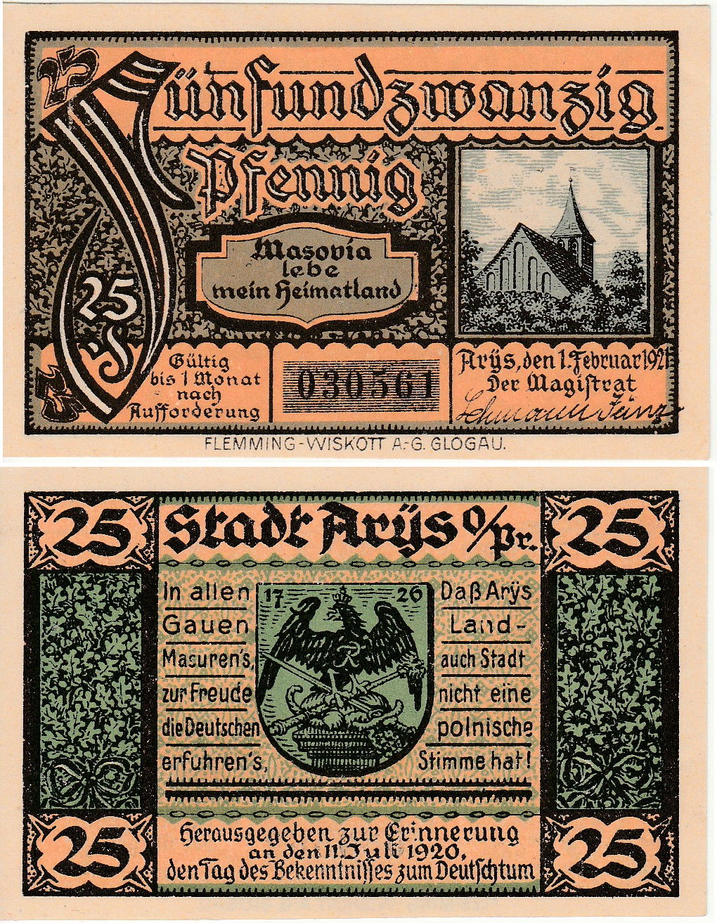 Deutsches Notgeld aus Arys (Orzysz), im Wert von 25 Pfennig, au…