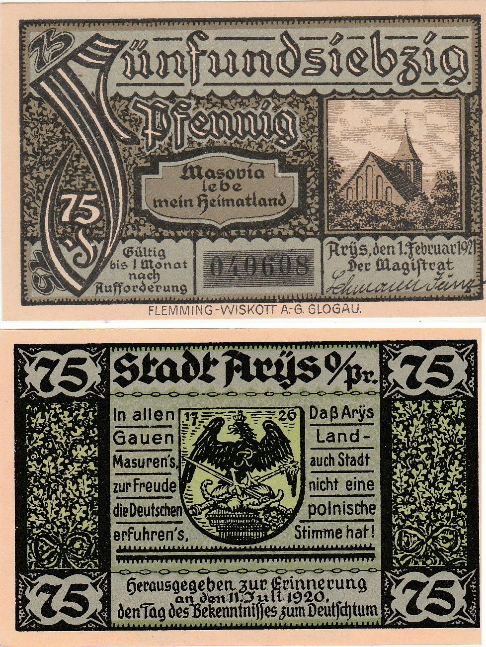 Deutsches Notgeld aus Arys (Orzysz), im Wert von 75 Pfennig, au…