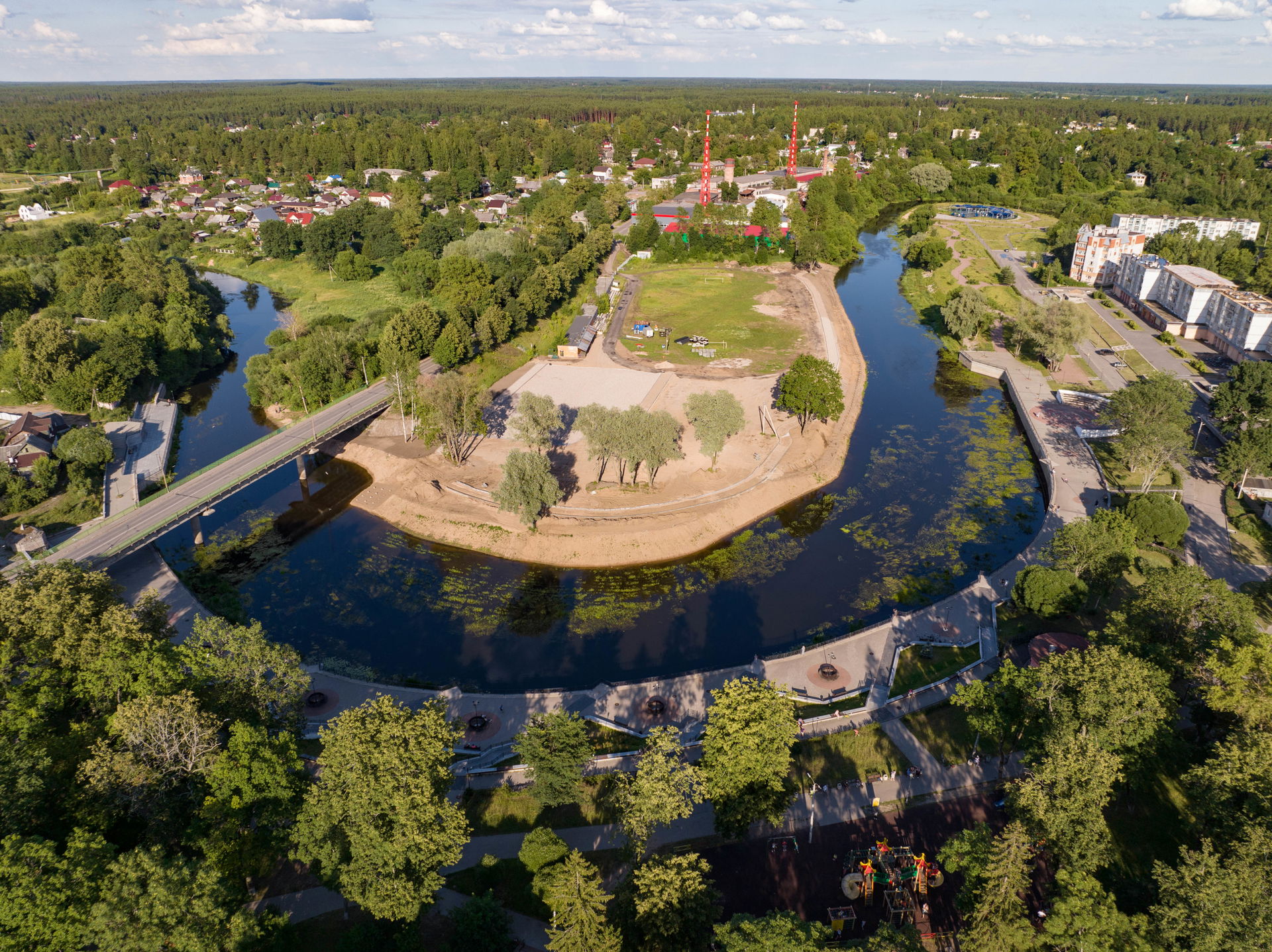 Luga river quay photographed from above. Luga, Leningrad Oblast…