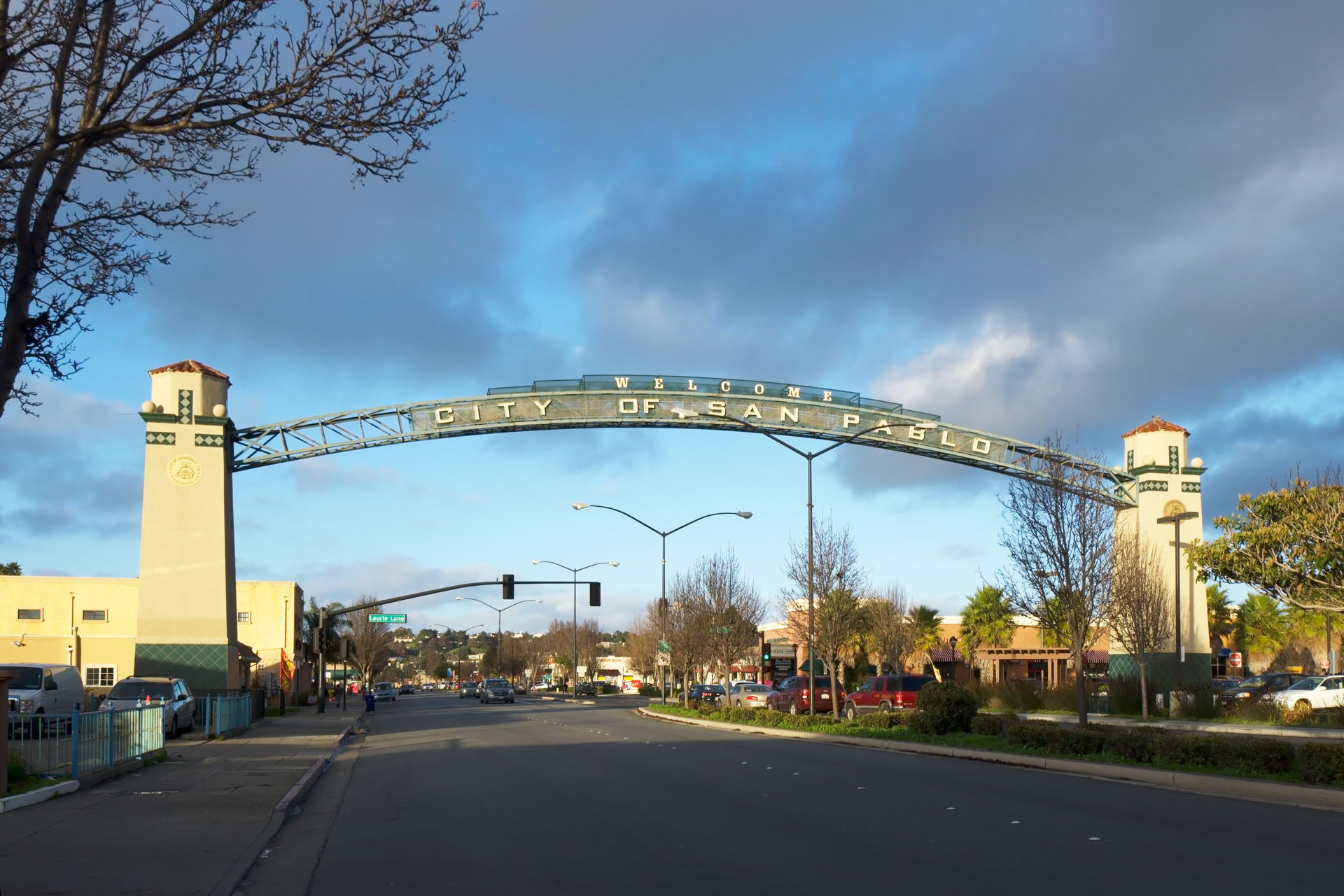 Welcome sign over San Pablo Avenue, San Pablo, California.