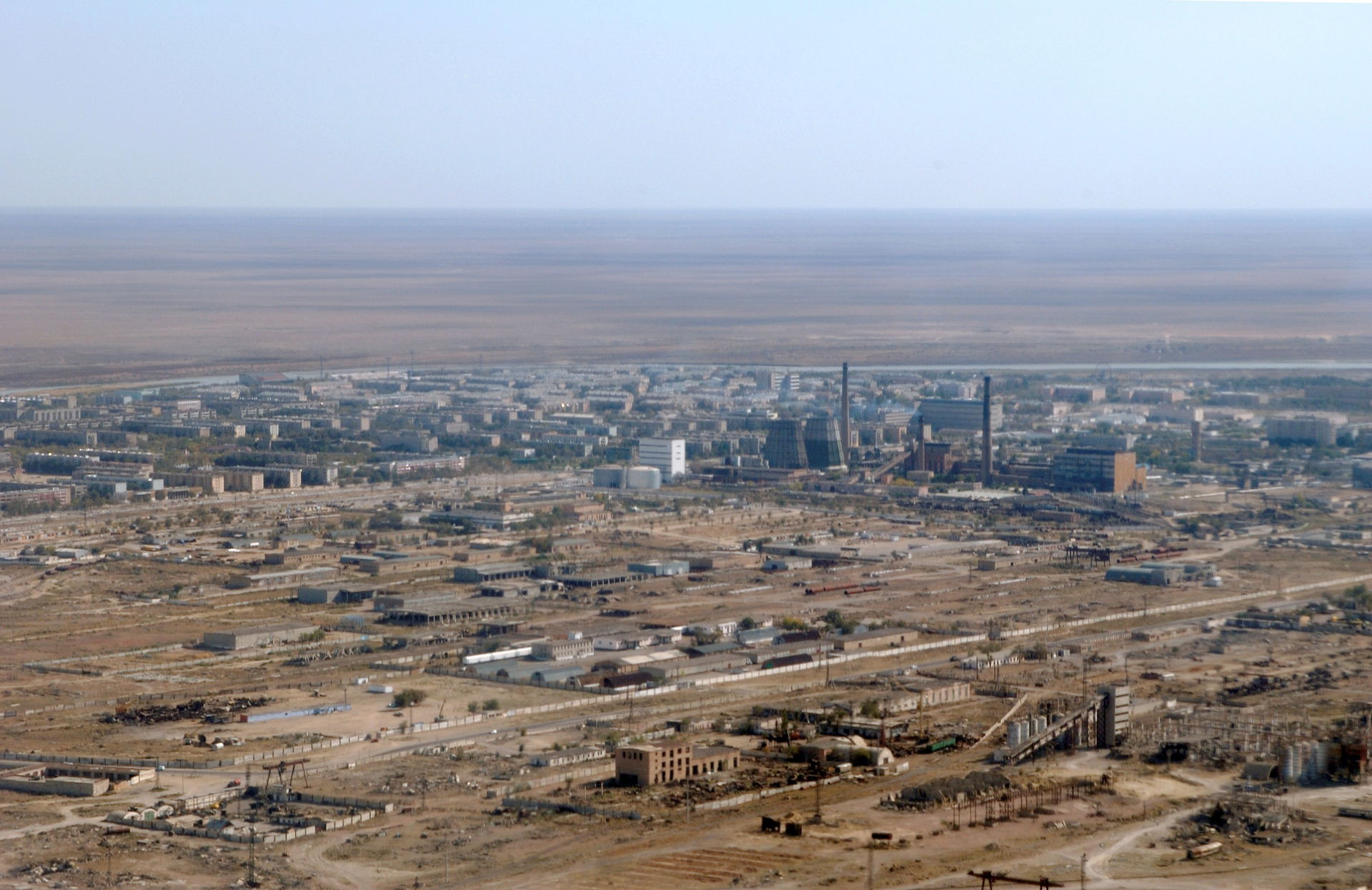 The city of Baikonur, Kazakhstan, is seen from the aircraft car…