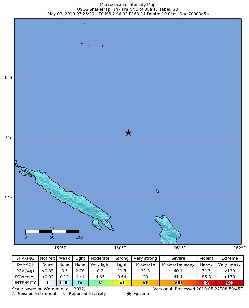 Shakemap from USGS for the magnitude 6.2, maximum intensity 4.1…