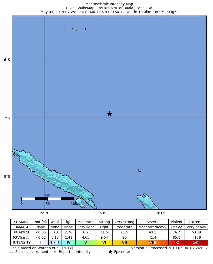Shakemap from USGS for the magnitude 6.1, maximum intensity 4.0…