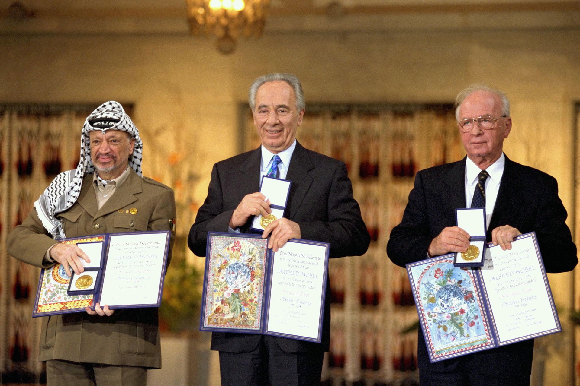 The Nobel Peace Prize laureates for 1994 in Oslo. From left to …
