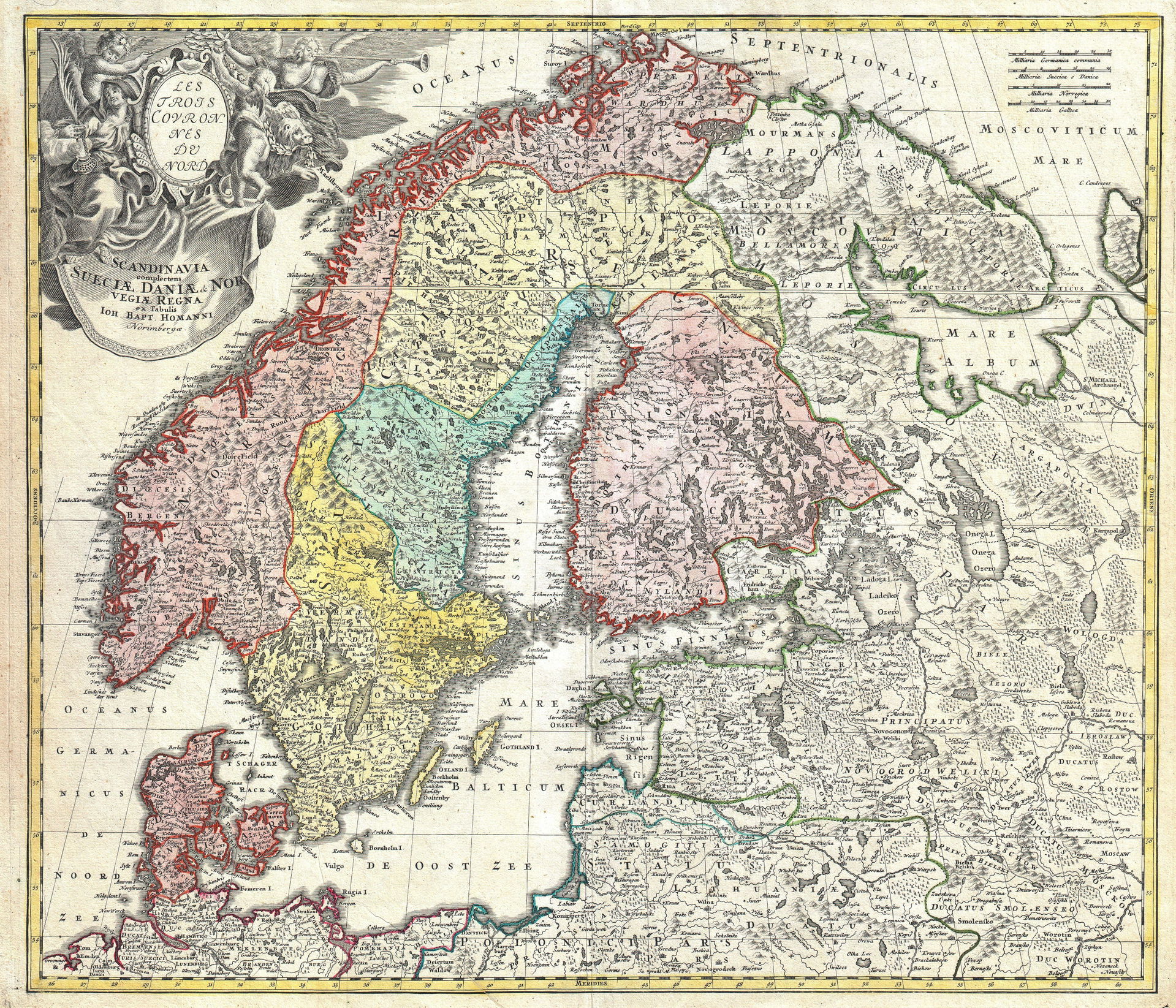 A detailed c. 1730 J. B. Homann map of Scandinavia.  Depicts bo…