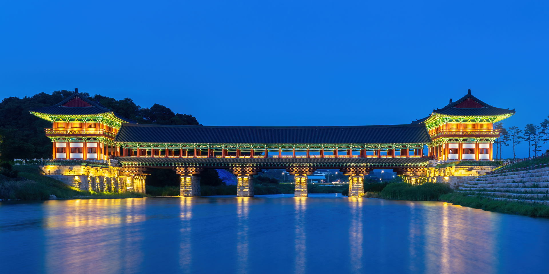 Illuminated Woljeonggyo Bridge at blue hour, in Gyeongju, South…