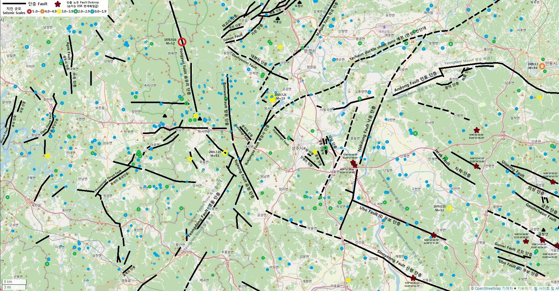 Earthquake epicenters(1978.1.1-2022.12.31) and Geology of Sangj…